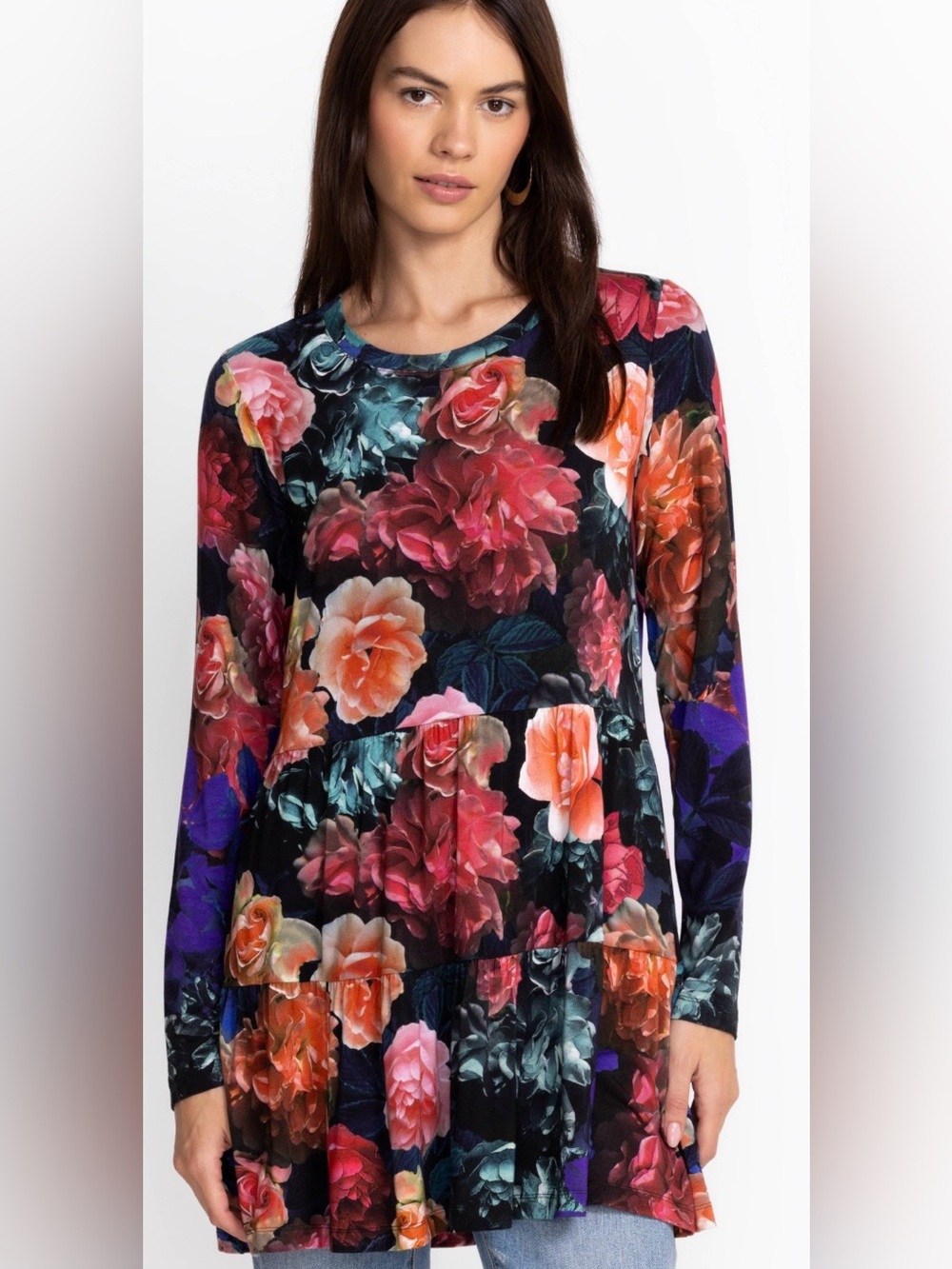 Johnny Was Floral Studio Tiered Tunic Long Sleeve Boho Size XS